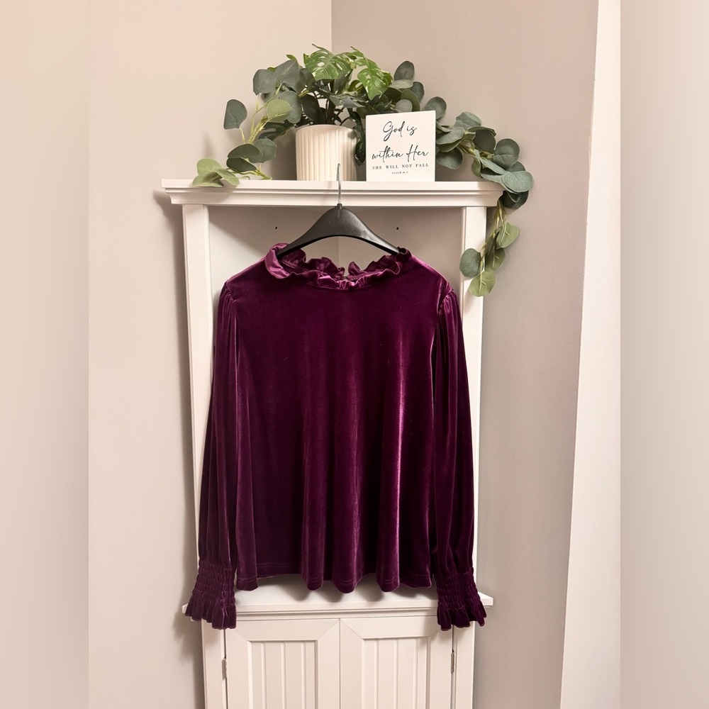 SHEIN Velvet Ruffle Blouse - Deep Purple